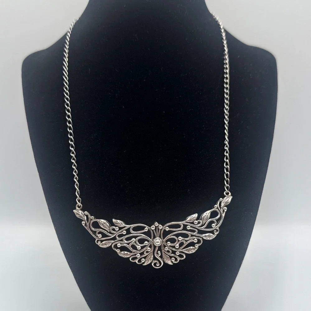 Sterling Silver 925 Filigree Bib Necklace India Floral Leaf Statement 18 Inch